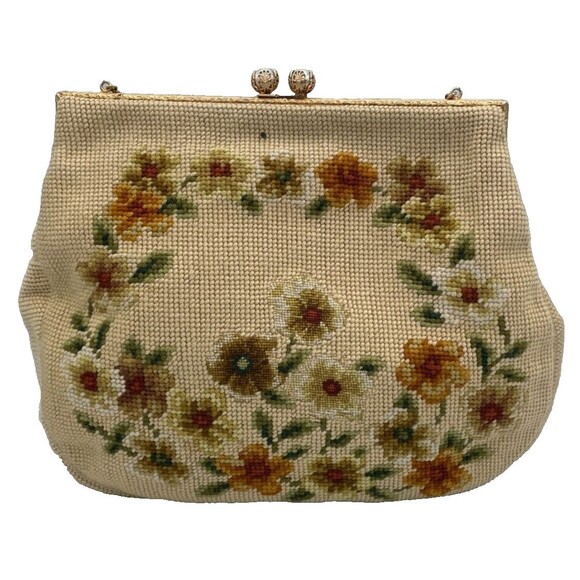 Vintage 60s Christine Needlepoint Purse Petit‎ Point Handbag Floral Kiss Lock - Picture 3 of 6